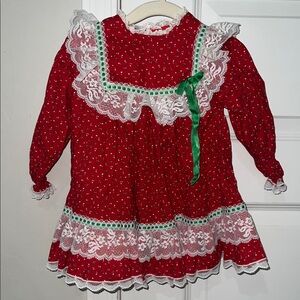 VINTAGE Paper Tag Red Christmas Dress with Lace and Green Bow